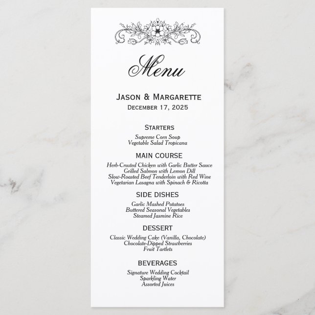 Elegant Modern Black and White Wedding Menu (Front)