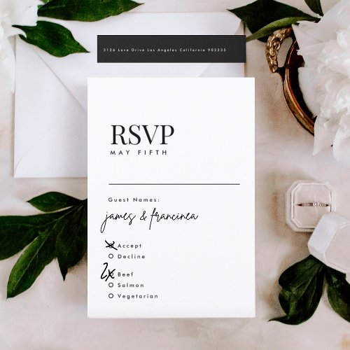 Elegant Modern Black and White Wedding Names RSVP Card