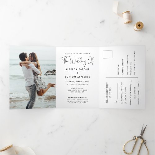 Elegant  modern black and white wedding photo Tri_Fold invitation