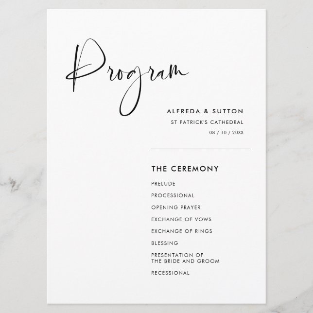 Elegant & modern black and white wedding program (Front)