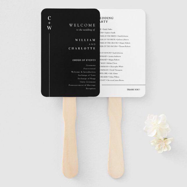 Elegant Modern Black and White Wedding Programs Hand Fan (Front and Back)
