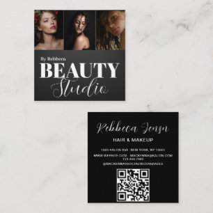 Elegant Modern Black Beauty Salon 3 Photo Square Business Card