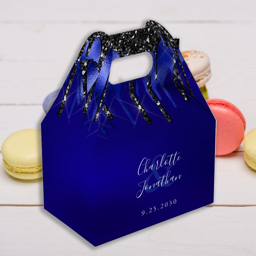 Elegant Modern Black Blue Glitter Drips Wedding Favor Boxes