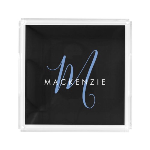 Elegant Modern Black Blue Script Monogram Acrylic Tray