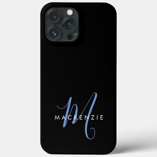 Elegant Modern Black Blue Script Monogram iPhone 13 Pro Max Case