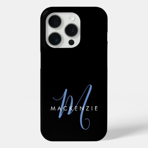 Elegant Modern Black Blue Script Monogram iPhone 15 Pro Case