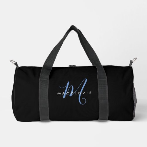 Elegant Modern Black Blue Script Monogram Duffle Bag