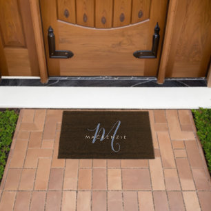Elegant Modern Black Blue Script Monogram Fiber Doormat