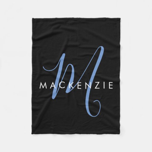 Elegant Modern Black Blue Script Monogram Fleece Blanket