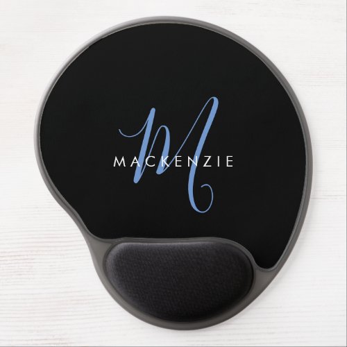 Elegant Modern Black Blue Script Monogram Gel Mouse Pad