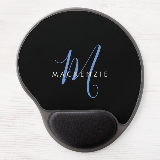 Elegant Modern Black Blue Script Monogram Gel Mouse Pad (Front)