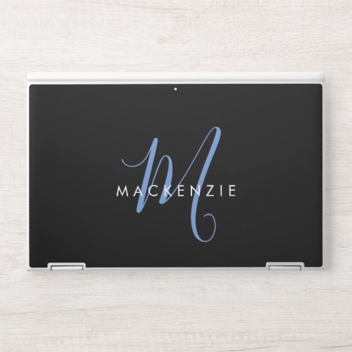 Elegant Modern Black Blue Script Monogram HP Laptop Skin