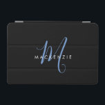 Elegant Modern Black Blue Script Monogram iPad Mini Cover<br><div class="desc">Elegant Modern Black Blue Script Monogram iPad Mini Cover.  An elegant blue script monogram combined with a clean white san-serif font makes for a contemporary look.</div>