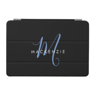 Elegant Modern Black Blue Script Monogram iPad Mini Cover
