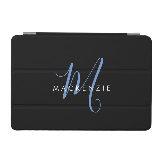 Elegant Modern Black Blue Script Monogram iPad Mini Cover (Horizontal)