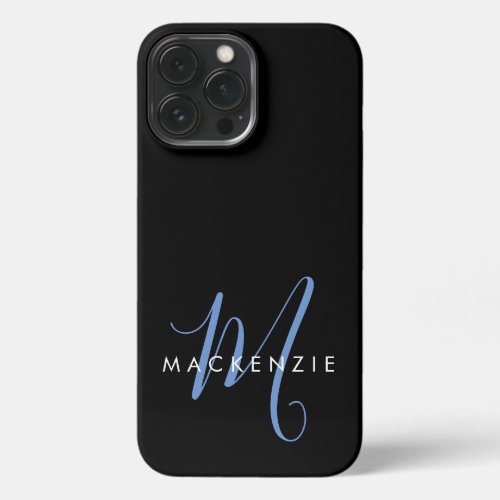 Elegant Modern Black Blue Script Monogram iPhone 13 Pro Max Case