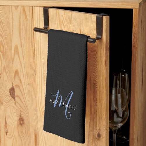 Elegant Modern Black Blue Script Monogram Kitchen Towel