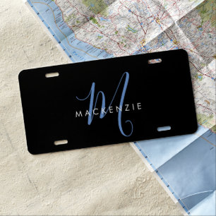 Elegant Modern Black Blue Script Monogram License Plate