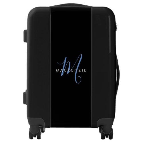 Elegant Modern Black Blue Script Monogram Luggage