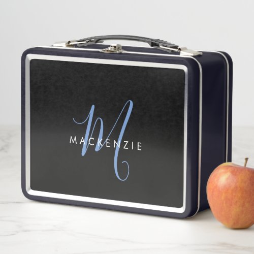 Elegant Modern Black Blue Script Monogram Metal Lunch Box