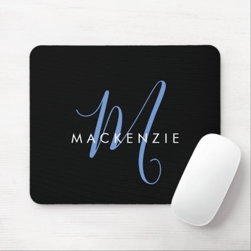 Elegant Modern Black Blue Script Monogram Mouse Pad