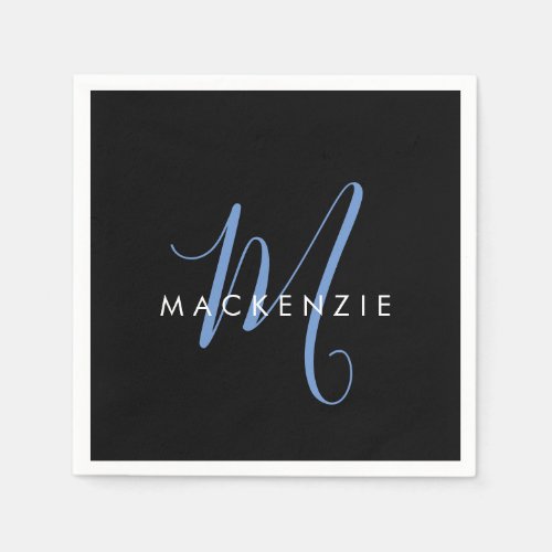 Elegant Modern Black Blue Script Monogram Napkins