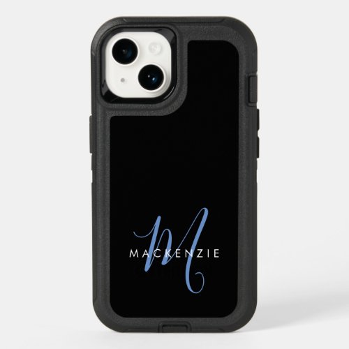 Elegant Modern Black Blue Script Monogram OtterBox iPhone 14 Case