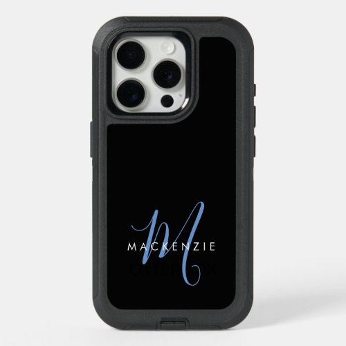 Elegant Modern Black Blue Script Monogram iPhone 15 Pro Case