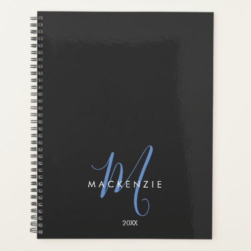 Elegant Modern Black Blue Script Monogram Planner