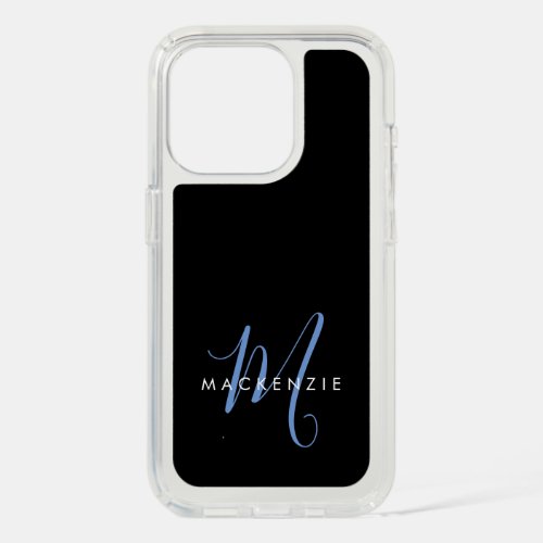 Elegant Modern Black Blue Script Monogram iPhone 15 Pro Case