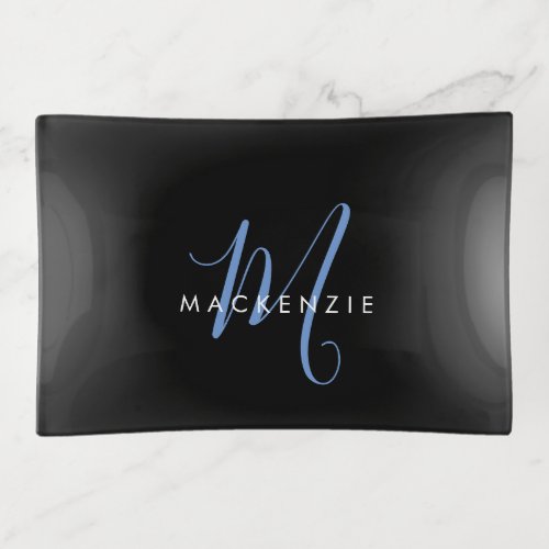 Elegant Modern Black Blue Script Monogram Trinket Tray