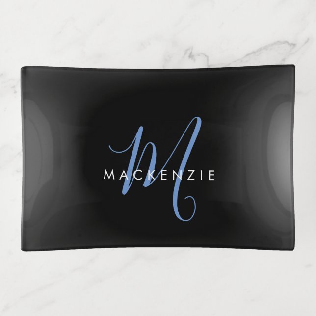 Elegant Modern Black Blue Script Monogram Trinket Tray (Front)