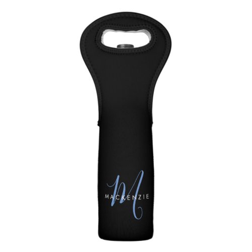 Elegant Modern Black Blue Script Monogram Wine Bag