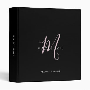 Elegant Modern Black Blush Pink Script Monogram 3 Ring Binder