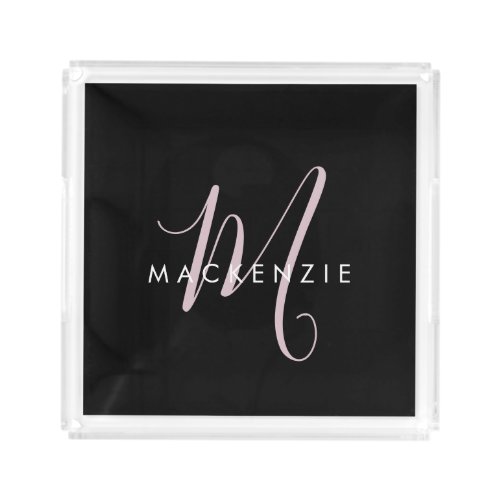 Elegant Modern Black Blush Pink Script Monogram Acrylic Tray