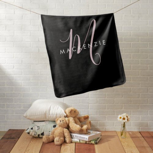 Elegant Modern Black Blush Pink Script Monogram Baby Blanket