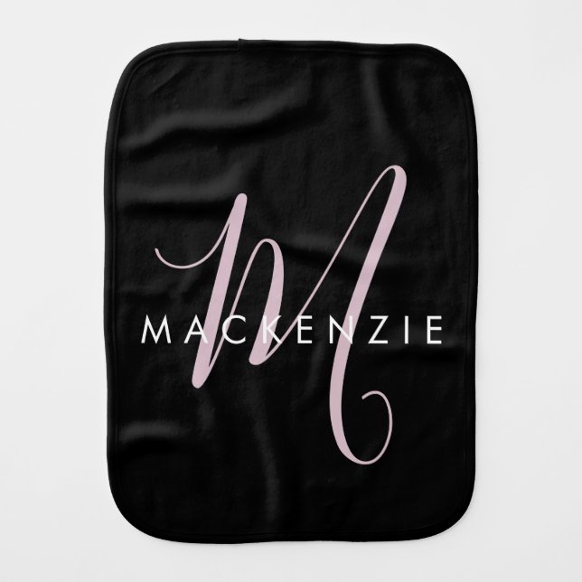 Elegant Modern Black Blush Pink Script Monogram Baby Burp Cloth (Front)