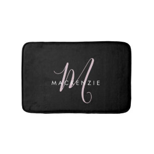 Elegant Modern Black Blush Pink Script Monogram Bath Mat