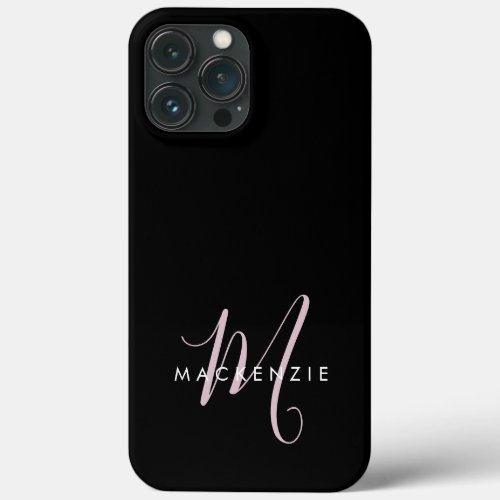 Elegant Modern Black Blush Pink Script Monogram iPhone 13 Pro Max Case