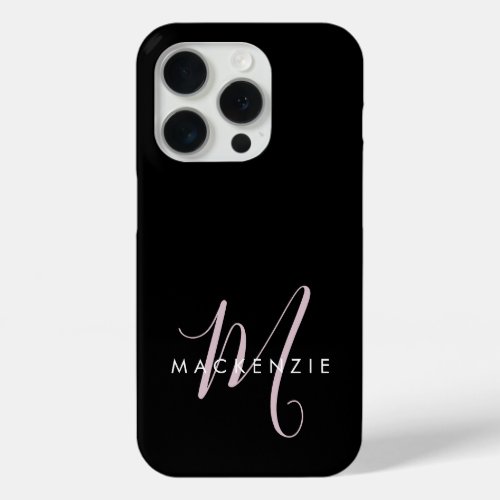 Elegant Modern Black Blush Pink Script Monogram iPhone 15 Pro Case