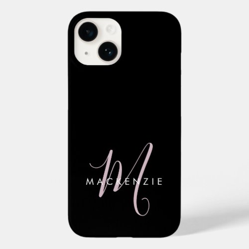 Elegant Modern Black Blush Pink Script Monogram Case_Mate iPhone 14 Case