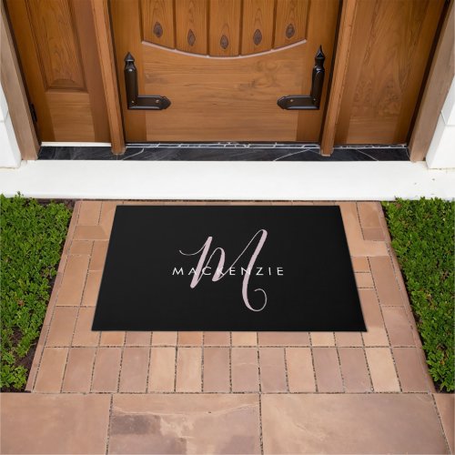 Elegant Modern Black Blush Pink Script Monogram Doormat