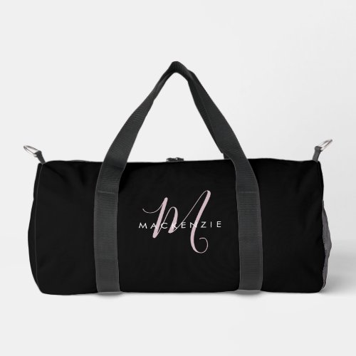 Elegant Modern Black Blush Pink Script Monogram Duffle Bag