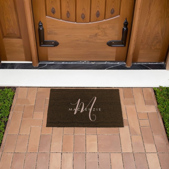 Elegant Modern Black Blush Pink Script Monogram Fiber Doormat (Insitu (Outdoor))