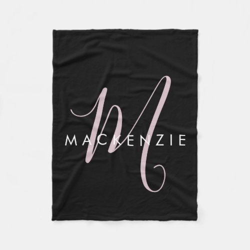 Elegant Modern Black Blush Pink Script Monogram Fleece Blanket