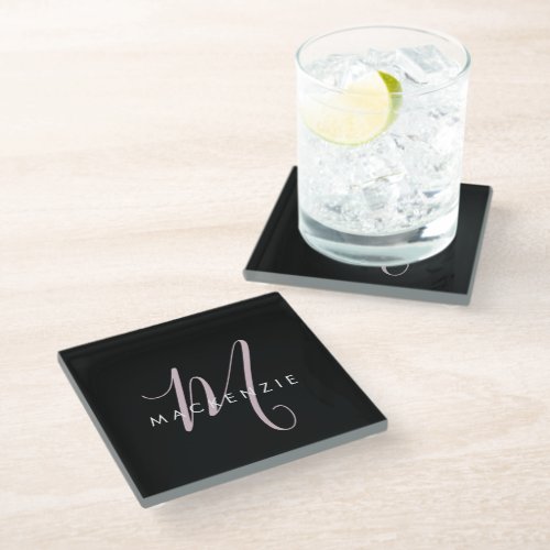 Elegant Modern Black Blush Pink Script Monogram Glass Coaster