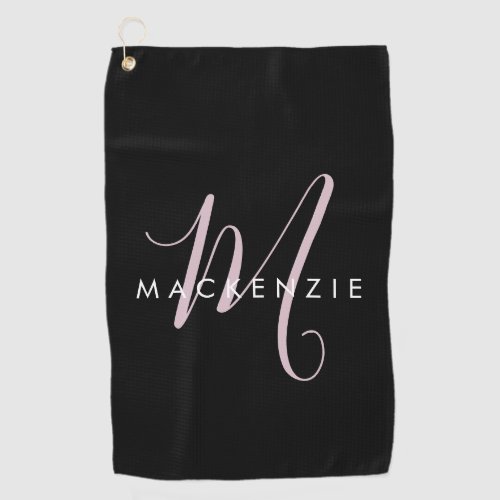 Elegant Modern Black Blush Pink Script Monogram Golf Towel