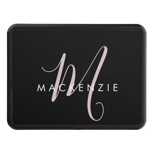 Elegant Modern Black Blush Pink Script Monogram Hitch Cover (Front)