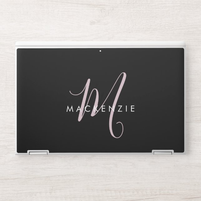 Elegant Modern Black Blush Pink Script Monogram HP Laptop Skin (Front)