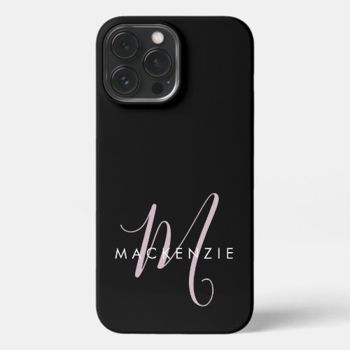 Elegant Modern Black Blush Pink Script Monogram iPhone 13 Pro Max Case